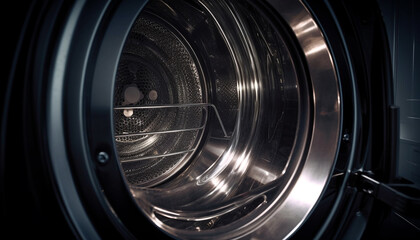 Shiny steel washer spinning, cleaning dirty laundry with modern technology generated by AI