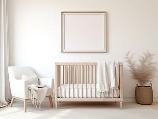 A baby crib in a white room with a picture frame on the wall. Generative AI. Empty frame on a wall mockup. - obrazy, fototapety, plakaty