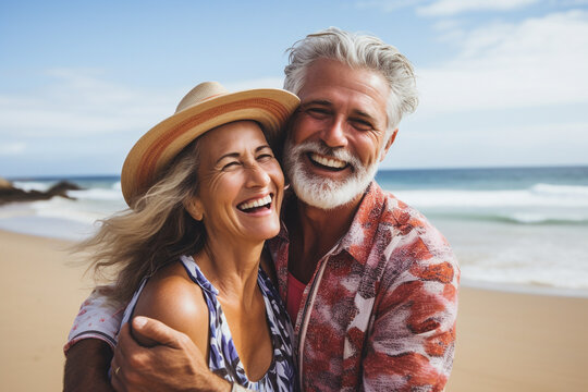 Happy mature couple on a sandy beach coast. High quality photo