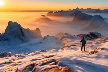 Hiker on the top of the mountain in winter at sunset ai generated