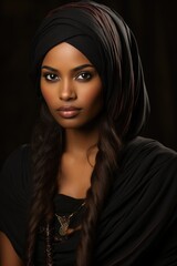 Fototapeta na wymiar A woman with long hair wearing a black turban. Generative AI.