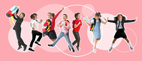 Collage with many jumping schoolchildren on pink background