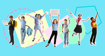 Obraz premium Collage with many schoolchildren on blue background