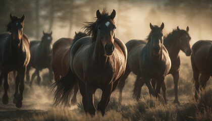 Running herd of horses graze in tranquil meadow at sunset generated by AI
