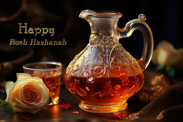 Happy rosh hashanah, Jewish New Year Bread dips, apple, pomegranate , Banner, postcard, inscription, copy space celebration, , greeting card.