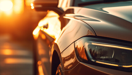 Fototapeta na wymiar Luxury sports car driving through vibrant city traffic at dusk generated by AI