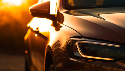 Shiny sports car driving on asphalt at dusk, illuminated by headlights generated by AI