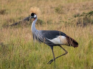 A single secretasry birds feeding in the long grass on the savannah of the Msssai Mara Reserve in Kenya, Africa