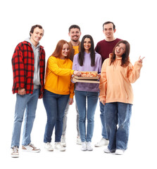 Obraz premium Group of friends with tasty pizza on white background