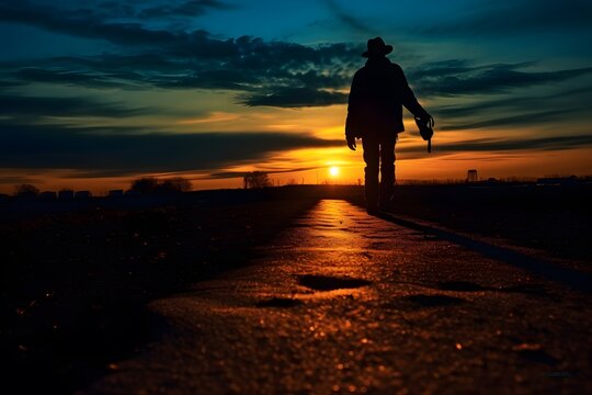 Silhouette of a man with a bicycle on the road at sunset ai generated
