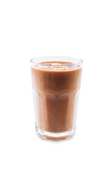 Coffee banana smoothie in a glass on a white isolated background