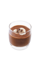 Coffee banana smoothie in a glass on a white isolated background