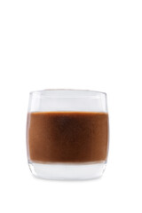 Coffee banana smoothie in a glass on a white isolated background