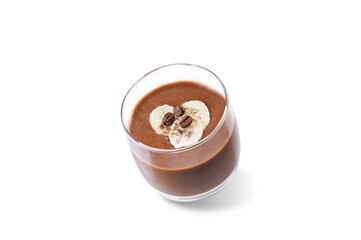 Coffee banana smoothie in a glass on a white isolated background