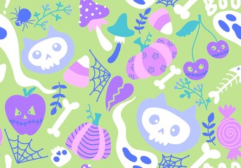 Naklejka premium Cartoon Halloween cats seamless pumpkins and skulls and ghost and mushrooms pattern for wrapping paper