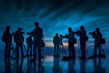 Mass media concept set with journalists preparing news materials operators working with camera and interviewer. correspondents, newsroom, media, microphone camcorder, Reporter. Generative AI. 