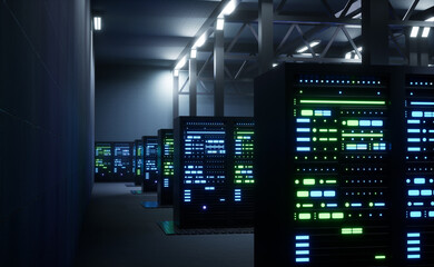 Multiple rows of fully operational server racks requiring massive computing power. Supercomputers in temperature controlled environment protecting equipment, 3D render animation