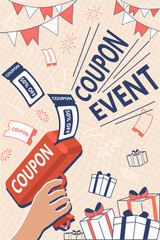 marketing event illustration. Hand with money gun, coupons, gifts. Banner. vector