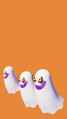3d rendering of three white ghosts with yellow eyes in orange space, festivity and fun theme