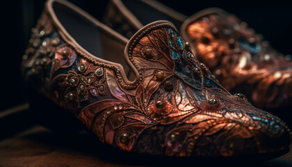 Fototapeta premium Shiny leather clogs, a pair of elegant footwear for men generated by AI