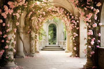 Fototapeta na wymiar Romantic Archway Filled with Pink Roses 