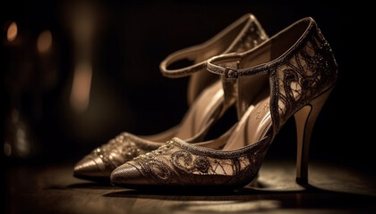 Obraz premium Black patent leather stilettos exude sensuality and glamour indoors generated by AI