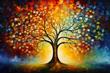Colorful Tree Acrylic Oil Painting. Brush Strokes Canvas Texture. 