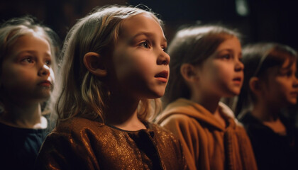 Obraz premium A group of cheerful Caucasian children smiling in a classroom generated by AI