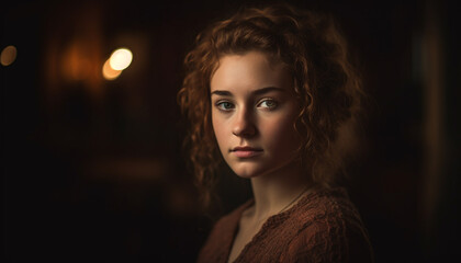 Beautiful young woman with brown curly hair exudes confidence and elegance generated by AI