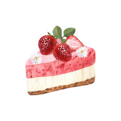 Watercolor dessert, piece of cheesecake with fresh strawberries. Hand-drawn illustration isolated on white background. Perfect food menu, food drawing, design packing, print