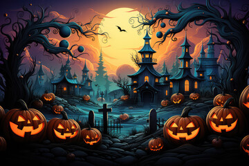 Halloween wallpaper illustration with pumpkins, jack lantern, dark purple colors. Halloween party banner template. Spooky composition for october party, invitation background.