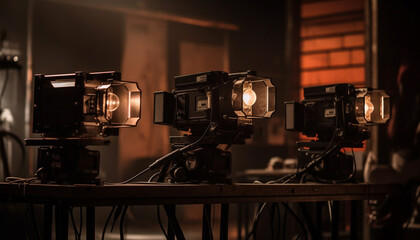 Fototapeta premium Photographer uses equipment to capture performance in studio with lighting generated by AI