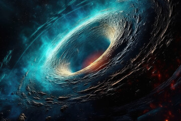 Travel through a wormhole through time and space filled with millions of stars and nebulae. Wormhole space deformation, science fiction. Black hole. Vortex hyperspace tunnel. 
