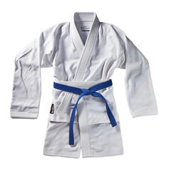 A white and blue karate suit against a clean white background - obrazy, fototapety, plakaty