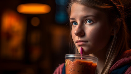 Cute Caucasian girl smiling, holding drink with straw indoors at night generated by AI