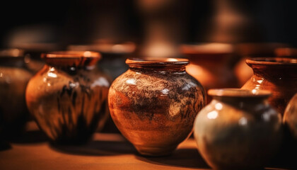 Antique terracotta vase, ornate pattern, indigenous culture, decorative urn generated by AI