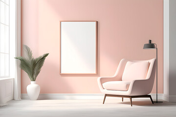An armchair in front of a flat wall with a blank white  frame on the wall for mockup. Interior design in 3d render style.