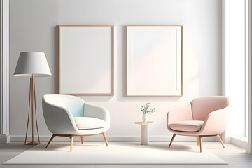 A minimalist living room in pastel colors with two  big white frames on the wall for mockup.