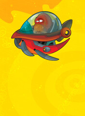 Cartoon funny colorful scene of cosmos galactic alien ufo space craft ship isolated illustration for children
