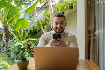 Freelance copywriter using 4g and media application for creating content in social networks,...