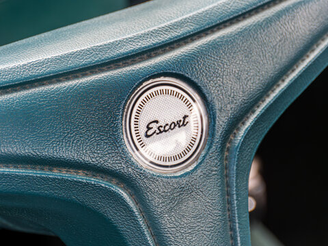 GERMANY - JUL 16, 2023: Original Ford Escort MK1 1969 Logo on Steering Wheel