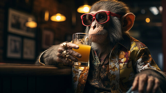 Realistic image of a monkey holding a beer bottle in his hand. High quality illustration