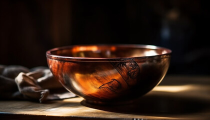 Rustic pottery plate on wooden table with selective focus generated by AI