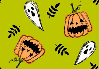 Autumn cartoon harvest vegetable seamless Halloween pumpkins and ghost pattern for wrapping paper and fabrics
