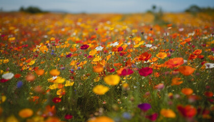 Vibrant wildflowers blossom in the tranquil meadow at sunset generated by AI