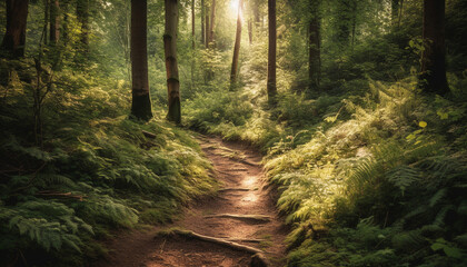 Obraz premium Tranquil forest footpath leads through the green wilderness of nature generated by AI