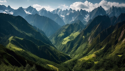 Fototapeta premium Tranquil meadow, majestic mountain range, panoramic landscape, serene outdoors generated by AI
