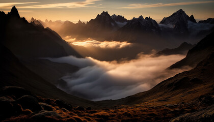 Naklejka premium Majestic mountain range back lit by sunrise, a tranquil scene generated by AI