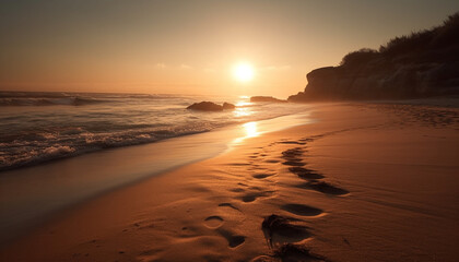 Golden horizon over tranquil waters, a serene tropical vacation destination generated by AI