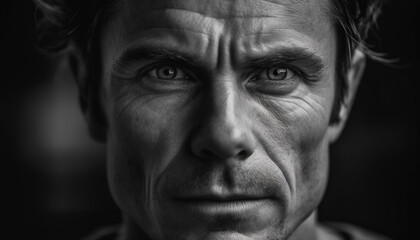 Obraz premium Serious black and white portrait of a sad adult man generated by AI